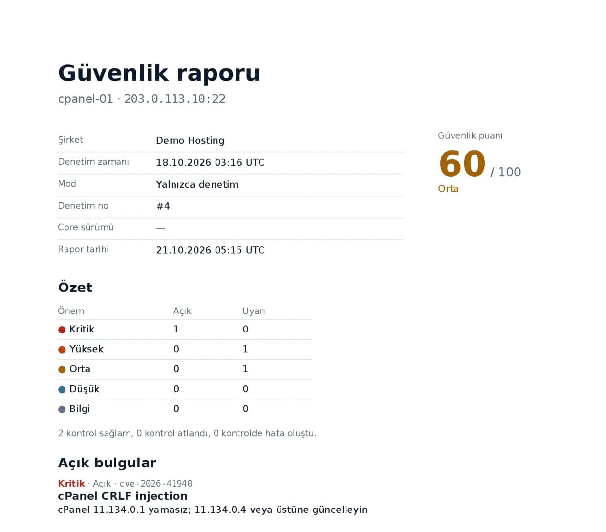 Gerçek Sentinel PDF raporunun ilk sayfası: güvenlik puanı 60/100, özet tablosu ve açık bulgular